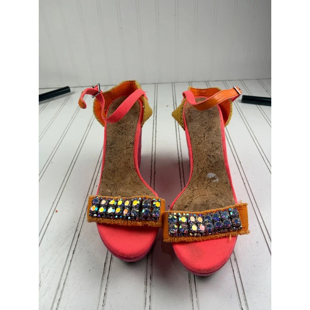 Gianni Bini Vintage Y2K Pink Orange Jeweled Wedge Heel Sandals Women's Size 10M
